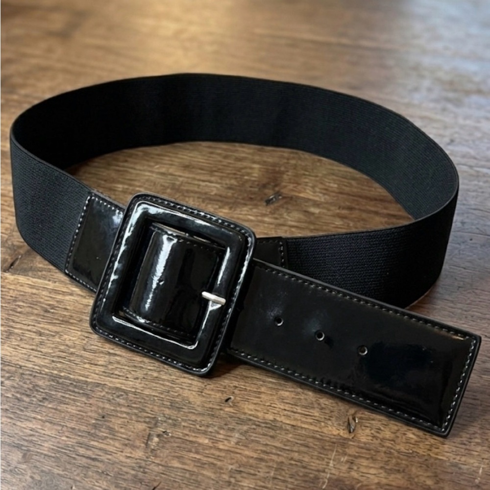 Black Glossy Wide Elastic Belt with Statement Rectangular Buckle – 35 Inches